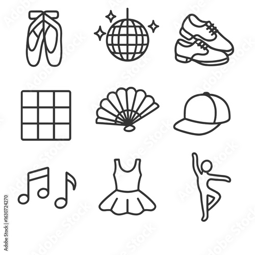Dance Style Icons. Line style icons of dancing styles: ballet shoes, disco ball, dance floor, tap shoes, flamenco fan, breakdance