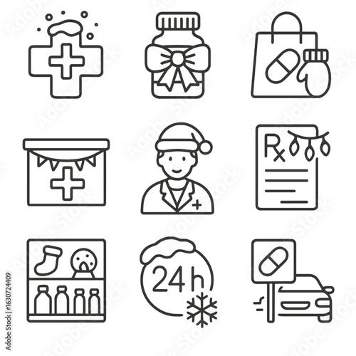 Festive Pharmacy Icons. Line style icons of festive pharmacy services: pharmacy cross with snow, pill bottle with bow, medicine