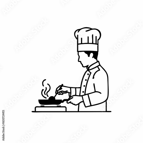 Chef Cooking in Kitchen with Frying Pan for Culinary Blogs, Recipe Websites, Cooking Classes, Food Education, and Restaurant Marketing  