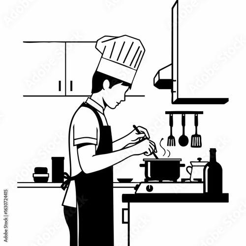 Chef Cooking in a Modern Kitchen with Ingredients for Food Blogs, Culinary Websites, Recipe Cards, Cooking Tutorials, and Kitchen Design Inspiration  