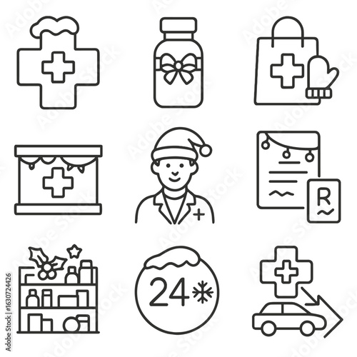 Festive Pharmacy Icons. Line style icons of festive pharmacy services: pharmacy cross with snow, pill bottle with bow, medicine