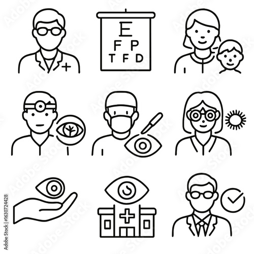 Eye Care Icons. Line style icons of medical specialties involving eyes: ophthalmologist icon, optometrist chart, pediatric eye