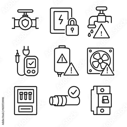 Safety Utility Icons. Line style icons of safety with utilities: gas shut-off valve, electrical panel lock, main water shutoff,