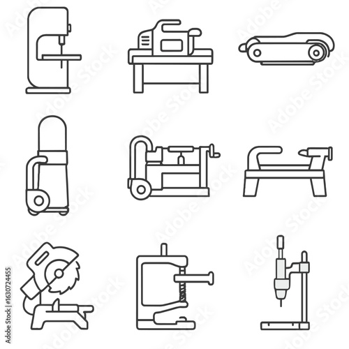 Woodworking Icon Set. Line style icons of woodworking equipment: bandsaw, table saw, wood planer, belt sander, dust extractor,