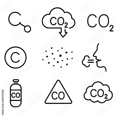 CO2 Symbol Icons. Line style icons of carbon dioxide symbols: CO2 molecular icon, CO2 cloud with arrow, chemical formula icon,