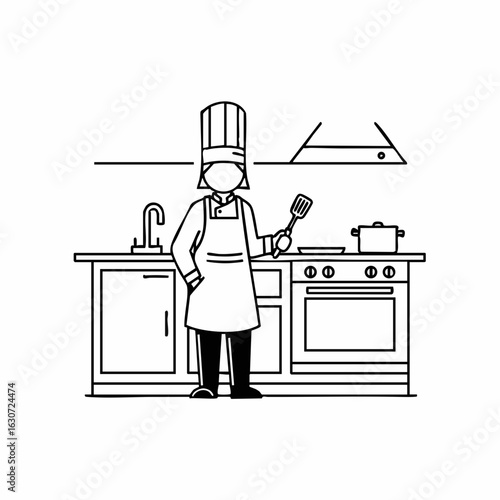 Chef in Kitchen Holding Spatula Ready to Cook in Minimalist Black and White Style for Culinary Blogs, Recipe Websites, Cooking Classes, and Kitchen Decor  