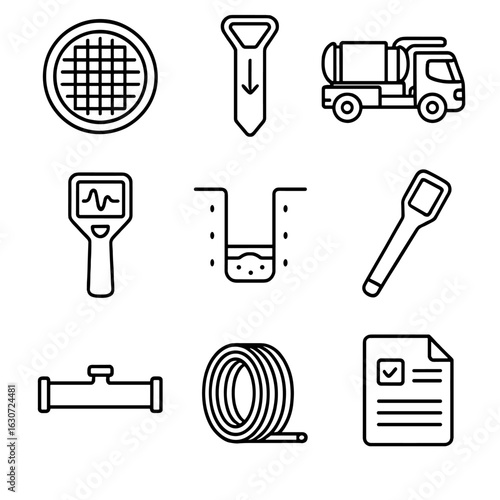 Utility Excavation Icons. Line style icons of utility excavation: manhole cover, underground cable marker, vacuum excavator, pipe