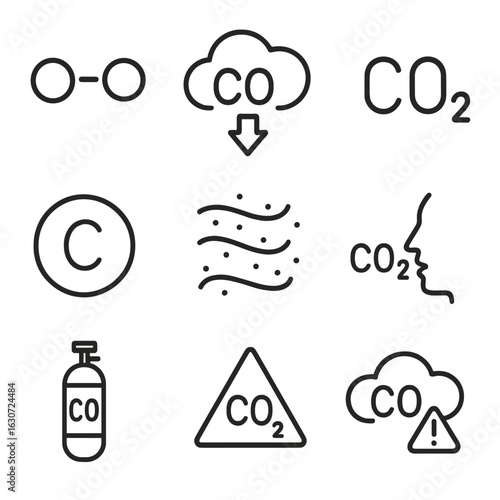 CO2 Symbol Icons. Line style icons of carbon dioxide symbols: CO2 molecular icon, CO2 cloud with arrow, chemical formula icon,
