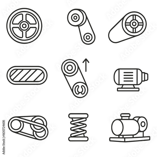 Belt-Driven Compressor Icons. Line style icons of belt-driven compressor assemblies: belt pulley, tensioner wheel, drive belt,