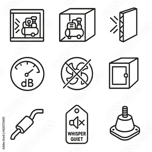 Soundproof Compressor Icons. Line style icons of soundproofed compressor solutions: acoustic housing, silent box, insulated wall