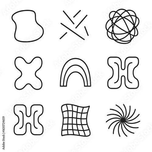 Abstract Chaos Icons. Line style icons of experimental abstract visuals: unexpected cutout shape, random line rotation, chaos