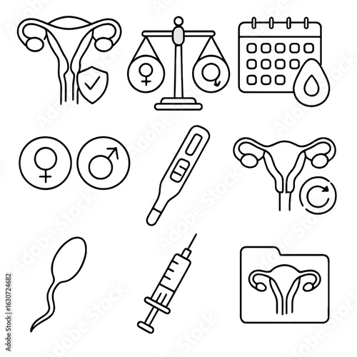 Hormonal Health Icons. Line style icons of reproductive and hormonal health: uterus with shield, hormone balance scale, menstrual