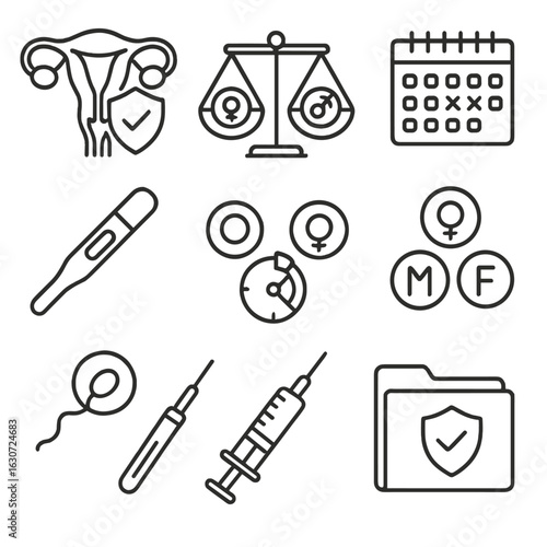 Hormonal Health Icons. Line style icons of reproductive and hormonal health: uterus with shield, hormone balance scale, menstrual