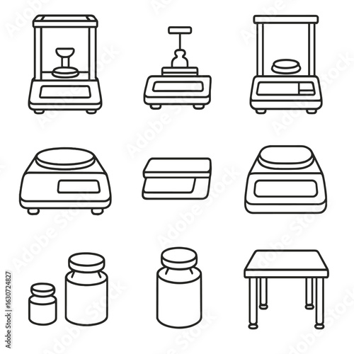 Laboratory Scales Icons. Line style icons of laboratory precision scales: analytical balance, microgram scale, enclosed glass
