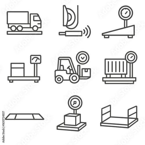 Industrial Weighing Icons. Line style icons of vehicle and industrial scales: truck weighbridge, axle scale pad, loading ramp with