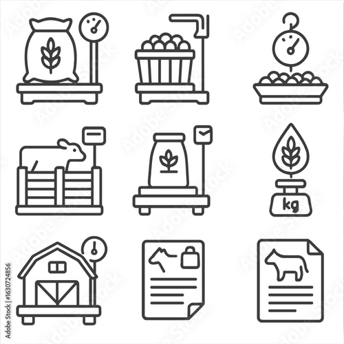 Agricultural Scale Icons. Line style icons of agricultural and farm scales: grain sack on platform, crop bin scale, field produce