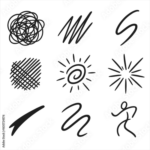 Dynamic Line Icons. Line style icons of expressive sketch marks: chaotic scribble, fast zigzag stroke, dramatic curve motion,