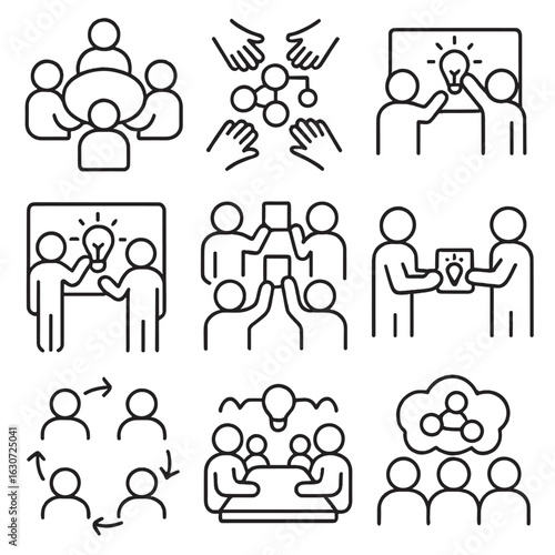 Group Brainstorming Icons. Line style icons of group brainstorming activities: round table with people, hands over mind map, team