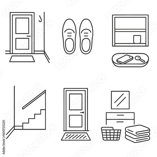 Minimalist Home Icons. Line style icons of decluttered home zones: empty entry hallway, two shoes in row, open shelf with 1 item,