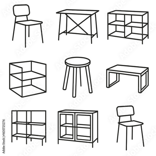 Wireframe Furniture Icons. Line style icons of wireframe furniture views: chair in outline, table with support rods, sideboard