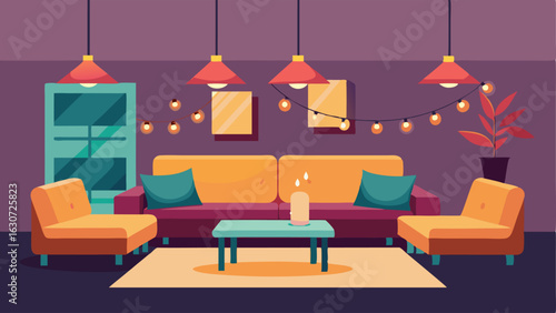 A lounge area with comfy sectional sofas throw pillows and warm lighting.