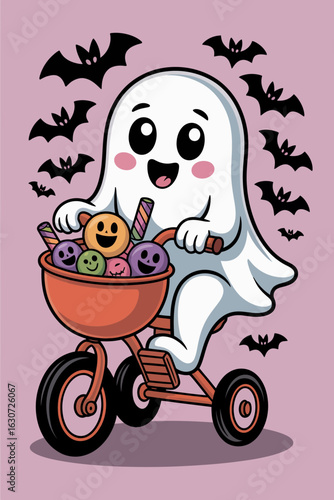 A cute ghost joyfully rides a tricycle while holding a basket filled with candy and colorful round faces.