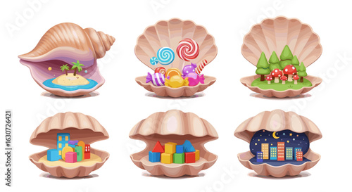 Whimsical seashell worlds: Islands, candy, forests, cities, dreamlike and magical