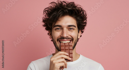Happy Man Enjoying Delicious Chocolate Bar, Pink Background - High-quality stock image for commercial use