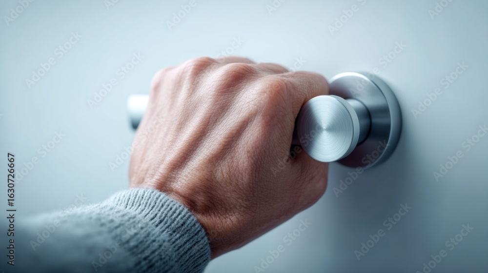 Fototapeta premium A hand holding a modern silver door handle in a close-up shot, suggesting action.
