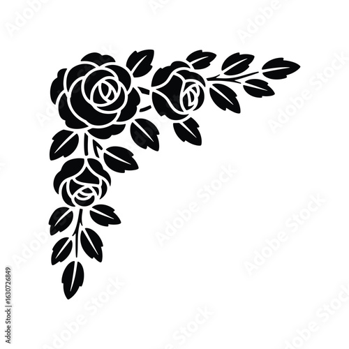 Elegant black silhouette of blooming roses and leaves forming a decorative corner flourish on a white background