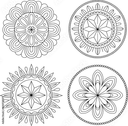 Intricate black and white line art mandala design with symmetrical floral and abstract patterns, perfect for coloring pages and relaxation.
