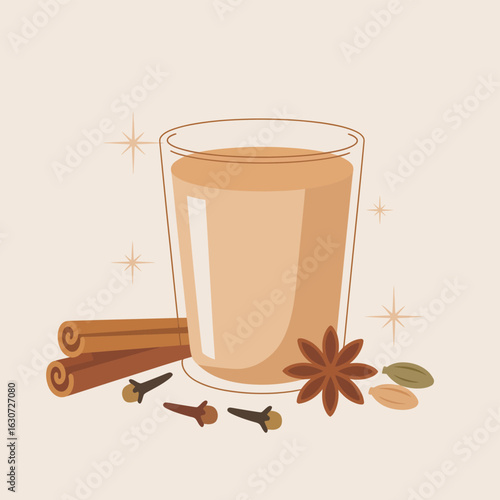 Refreshing chai tea drink with spices and cinnamon sticks