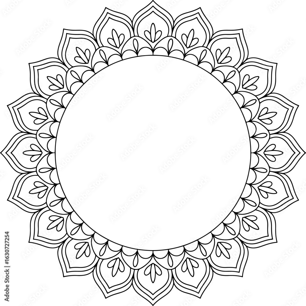 Obraz premium Intricate black and white line art mandala design with symmetrical floral and abstract patterns, perfect for coloring pages and relaxation.