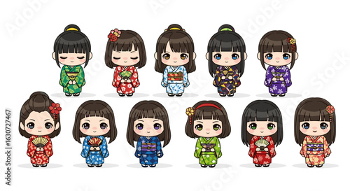 Charming Collection of Japanese Kokeshi Dolls Displayed on a White Background