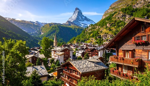 Alpine village nestled in valley