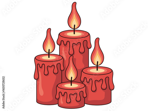 Group of four dripping red candles with glowing flames