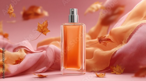 Elegant amber perfume bottle adorned with flowing fabric and autumn leaves