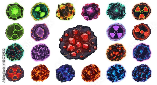 Radioactive gemstones and crystals isolated, diverse colors and formations on white