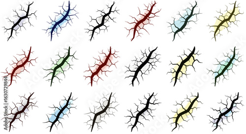 Varied cracked surface textures: colorful fractured vector illustrations on white
