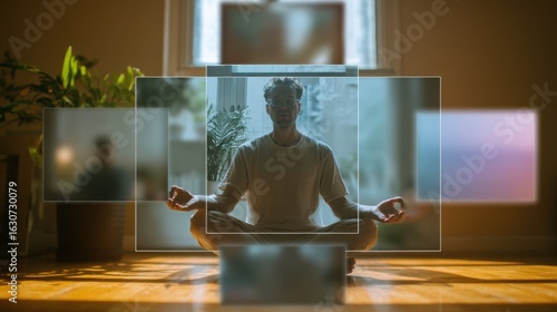 Sharp image of a polarizing figure explaining unconventional wellness strategies via webcam framed by softedged digital conference windows.