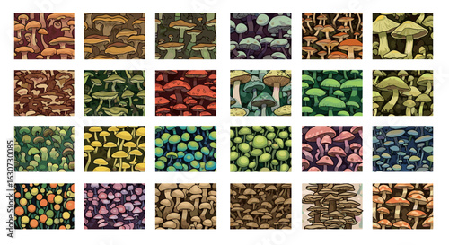 Diverse Mushroom Variety: A Collage of Fungi Textures and Colors