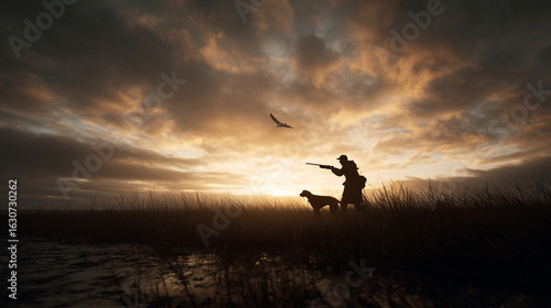 Hunter and their dog in natural landscape. Traditonal and conservational scene. Moments of nature and rural lifestyle, conservation and autumn field scenes