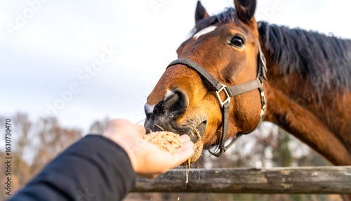 A horse eating hay from a hand