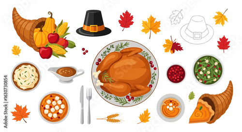 Thanksgiving feast: A delightful arrangement of holiday dishes and autumnal elements.
