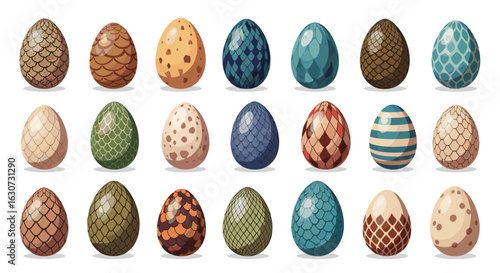 Colorful dragon eggs collection in rows offers a variety of fantasy treasures