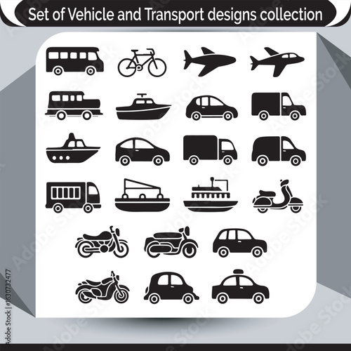 Vehicle and Transportation Icon Set Diverse Collection of Land Air and Water Travel Symbols in Black and White