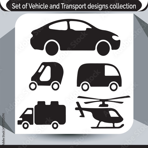 Vehicle and Transportation Icon Set Graphic Design Collection Black and White Minimalist Transport Vehicles and Helicopter Transporting Freight