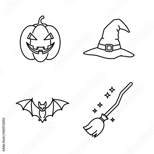 Line art illustration of halloween icons: pumpkin, witch hat, bat, and broom on transparent background