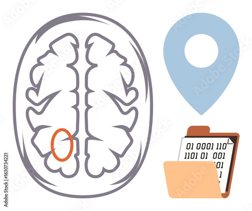 Top-down brain scan with highlighted area, location marker, and binary data clipboard. Ideal for neuroscience, cognitive studies, AI, analytics, mapping machine learning data analysis. Simple flat