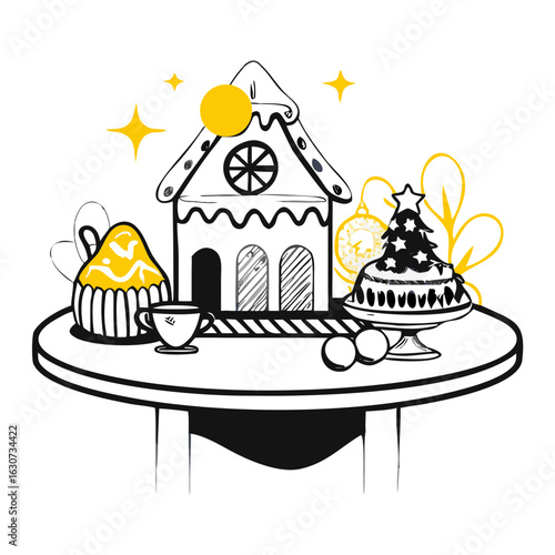 Gingerbread house with festive desserts on a table decorated for winter  